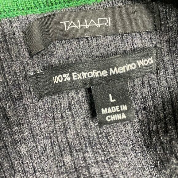 TAHARI Green & Grey Merino Wool Long Sleeve Crewneck Sweater - Picture 4 of 5